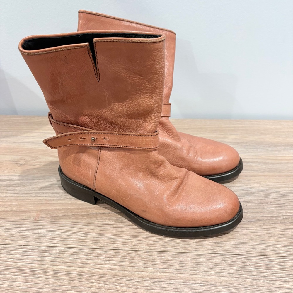 1937 Italian Leather Moto Ankle Boots Women Brown 6.5 Buckle Strap Mid Calf